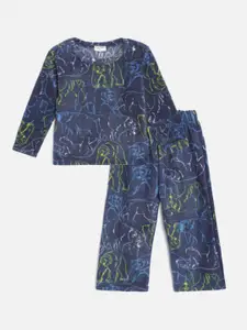 CrayonFlakes Girls Navy Blue & Green Printed Polar Fleece Winter T-shirt with Pyjamas