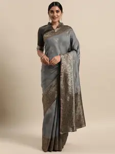 Saree mall Grey Floral Silk Blend Banarasi Sarees