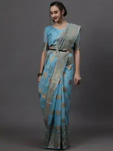 Mitera Women Blue Woven Design Cotton Blend Saree