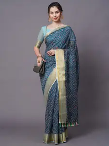 Mitera Women Blue Printed Linen Blend Saree