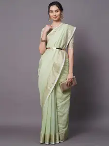 Mitera Green & Gold-Toned Zari Linen Blend Saree