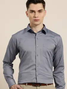 Hancock Men Navy Blue & Grey Pure Cotton Slim Fit Self-Design Formal Shirt