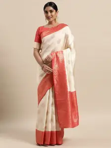 Saree mall Beige & Red Floral Silk Blend Banarasi Sarees