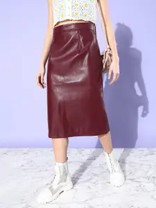 Tokyo Talkies Women Burgundy Solid A-line Midi Skirt