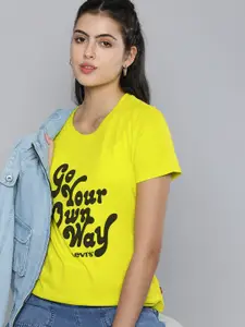 Levis Women Yellow Typography Printed Pure Cotton T-shirt