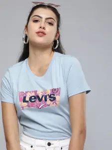 Levis Women Light Blue Brand Logo Printed Pure Cotton T-shirt