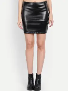 IX IMPRESSION Women Black Solid Leather Pencil Mini Skirt