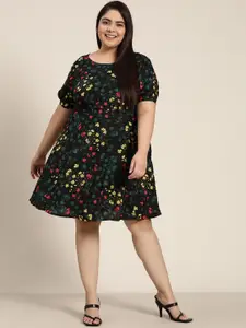 Sztori Plus Size Black & Yellow Floral A-Line Dress