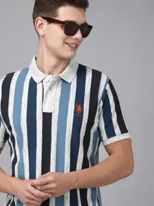 U.S. Polo Assn. U S Polo Assn Men Blue & White Striped Polo Collar Slim Fit  T-shirt