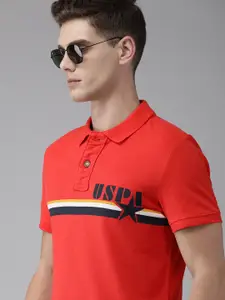 U.S. Polo Assn. Denim Co. U S Polo Assn Denim Co Men Coral Red Striped Polo Collar T-shirt