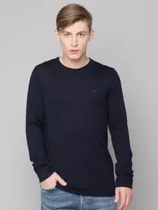 LINDBERGH Men Navy Blue Solid Woollen Full Sleeve Pullover