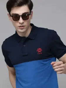 U.S. Polo Assn. U S Polo Assn Men Navy Blue Colourblocked Polo Collar Slim Fit Pure Cotton T-shirt