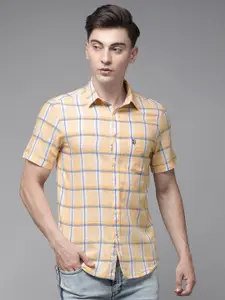 U.S. Polo Assn. Men Beige Tailored Fit Tartan Checks Opaque Linen Cotton Casual Shirt