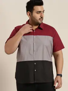 Sztori Men Plus Size Maroon & Grey Melange Colourblocked Pure Cotton Casual Shirt