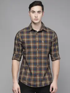 U.S. Polo Assn. U S Polo Assn Men Brown And Blue Tailored Fit Checked Pure Cotton Casual Shirt