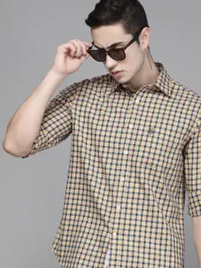 U.S. Polo Assn. U S Polo Assn Men Peach And Blue Tailored Fit Grid Tattersall Checked Cotton Casual Shirt