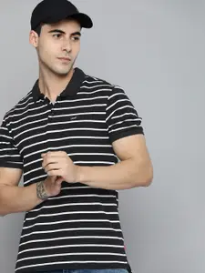 Levis Men Black & White Striped Polo Collar Monochrome Pure Cotton Applique T-shirt