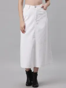 River Of Design Jeans Women White Solid Pure Cotton A Line Denim Maxi Skirt