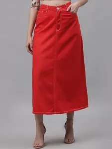 River Of Design Jeans Women Red Solid A-Line Pure Cotton Denim Maxi Skirt