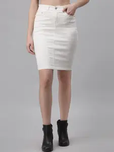 River Of Design Jeans Women White Solid Jacquard Knee Length Pencil Skirt