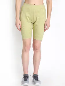 CHKOKKO Women Green Striped Slim Fit Training or Gym Shorts