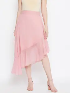 Bitterlime Women Peach Solid Knee-Length Ruffled A-line Skirt