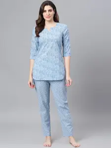 Idalia Women Blue & White Printed Night Suit