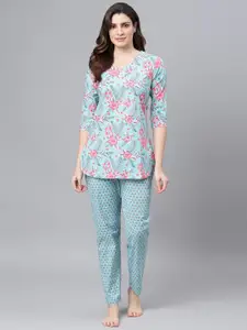 Idalia Women Blue & Red Floral Printed Pure Cotton Night Suit
