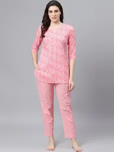 Idalia Women Pink Printed Cotton Night suit