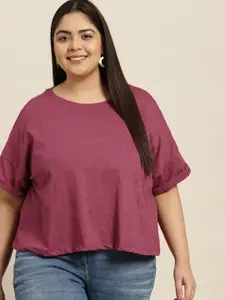 Sztori Women Plus Size Burgundy Solid Drop-Shoulder Sleeves Boxy T-shirt