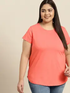 Sztori Women Plus Size Peach-Coloured Solid T-shirt