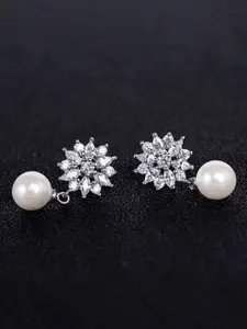 Yellow Chimes Silver-Toned Contemporary Pearl Crystal Drop Earrings