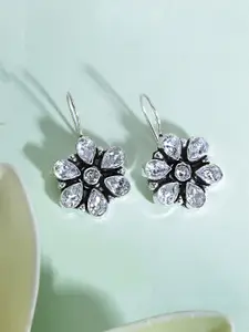 Yellow Chimes Silver-Plated Floral Stone-Studded Oxidised Drop Earrings