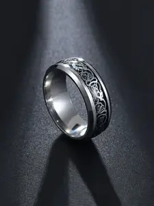 Yellow Chimes Men Silver-Toned & Black Dragon Celtic Inlay Polish Finish Finger Ring