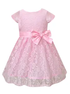 A.T.U.N. Girls Pink Self Design Round Neck Lace Fit & Flare Dress