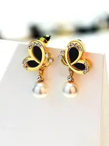 Yellow Chimes Gold-Plated Black Butterfly Pearl Crystal Drop Earrings