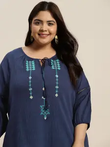 Sztori Plus Size Pure Cotton Embroidered Tie-Up Neck Top