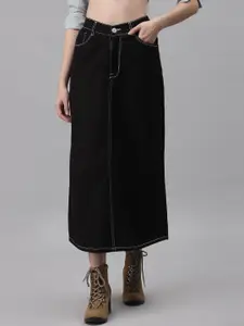 River Of Design Jeans Women Black Solid Pure Cotton Denim A-Line Maxi Skirt