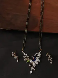 ANIKAS CREATION Gold-Plated Black & White Beaded Mangalsutra With Earrings