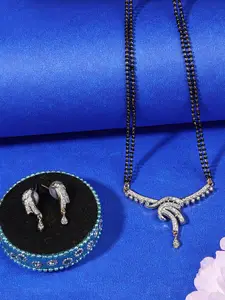 ANIKAS CREATION Gold-Plated Black & White Stone-Studded & Beaded Mangalsutra With Earrings