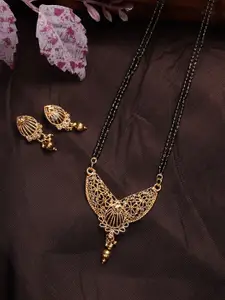 ANIKAS CREATION Women Gold Stone-Studded & Beaded Mangalsutra With Earrings