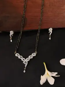 ANIKAS CREATION Gold-Plated Black & White Stone-Studded & Beaded Mangalsutra With Earrings