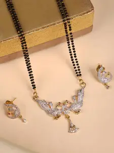 ANIKAS CREATION Gold-Plated Black & White Stone-Studded & Beaded Mangalsutra With Earrings