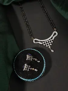 ANIKAS CREATION Gold-Plated Black & White Stone-Studded & Beaded Mangalsutra With Earrings