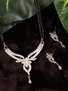 ANIKAS CREATION Gold-Plated Black & White Stone-Studded & Beaded Mangalsutra With Earrings