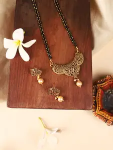ANIKAS CREATION Gold-Plated Black & Beige Stone-Studded & Beaded Mangalsutra With Earrings