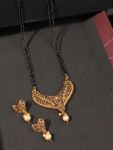 ANIKAS CREATION Gold-Plated Black & Beige Stone-Studded Mangalsutra With Earrings
