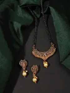 ANIKAS CREATION Woman Gold-Plated Black Beaded Mangalsutra With Earrings