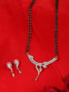 ANIKAS CREATION Gold-Plated Black & White Mangalsutra With Earrings