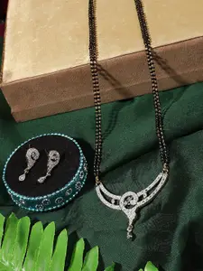 ANIKAS CREATION Gold-Plated Black & White Stone-Studded & Beaded Mangalsutra With Earrings